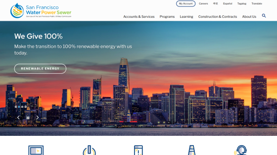 San Francisco Water Power Sewer homepage promoting 100% renewable energy transition with city skyline at sunset.