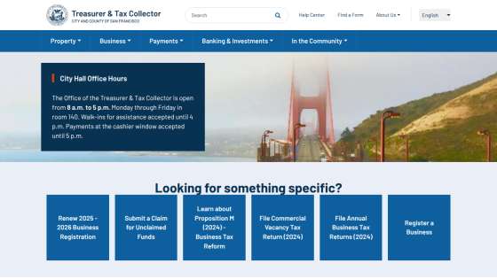 San Francisco Treasurer & Tax Collector site with office hours, navigation menu, and business tax services links