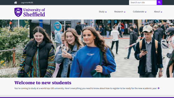 Welcome message for new students at the University of Sheffield with a group of students walking.