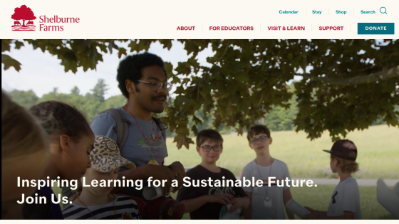 Shelburne Farms website header with navigation and hero text inspiring learning for a sustainable future