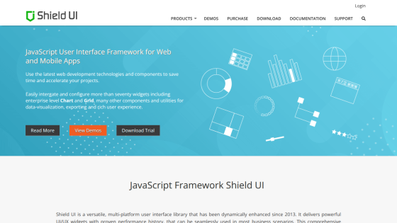 Shield UI homepage featuring JavaScript framework overview and call-to-action buttons.