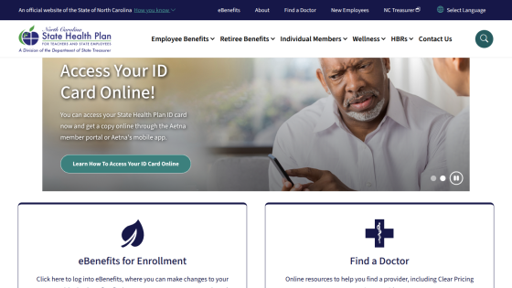 North Carolina State Health Plan homepage with ID card access info, navigation menu, and options for eBenefits and finding a doctor