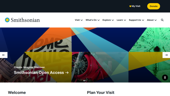 Smithsonian website homepage featuring colorful geometric design and navigation options.