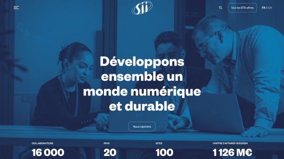 SII company homepage with a call to join, highlighting 16,000 employees, presence in 20 countries, 100 sites, and 1,126 million euros revenue