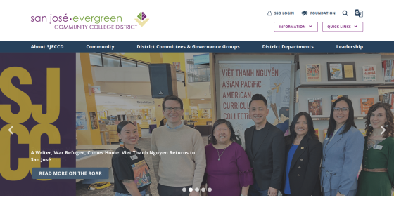 San José Evergreen Community College District homepage with navigation and hero story about Viet Thanh Nguyen returning to San José