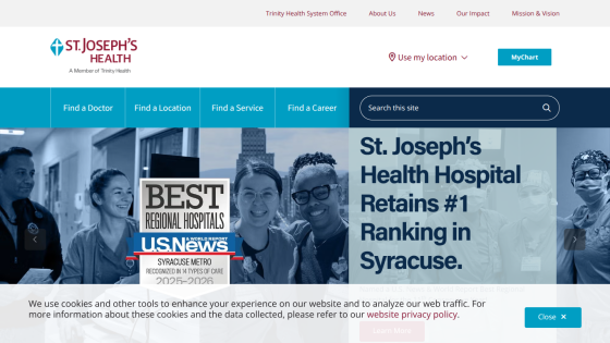St. Joseph's Health homepage highlighting #1 hospital ranking in Syracuse with navigation and search bar