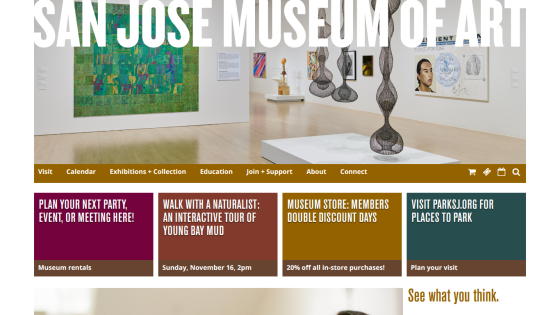San Jose Museum of Art homepage with navigation menu, event promotions, and museum store discount info