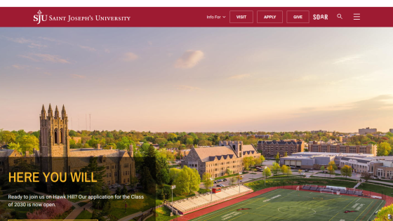 Saint Joseph's University homepage featuring campus view and application prompt.