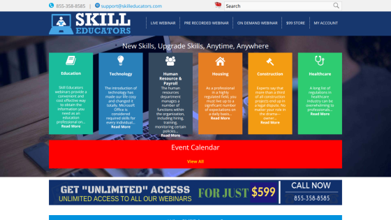 Skill Educators homepage featuring education categories and a call to action for event calendar.