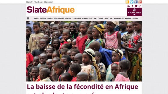 Homepage of SlateAfrique featuring an article about declining fertility in Africa.
