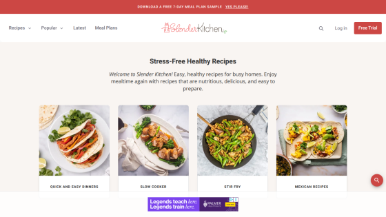 Homepage featuring stress-free healthy recipes with images of dishes and a welcoming message.