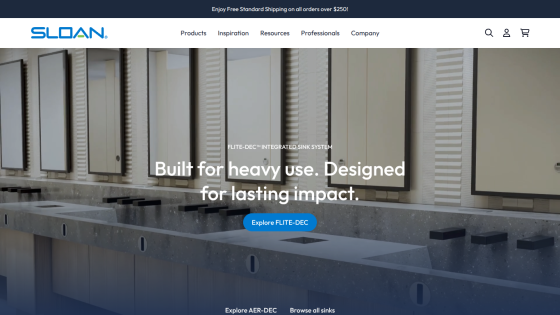 Sloan website header with navigation and hero section promoting FLITE-DEC integrated sink system for heavy use