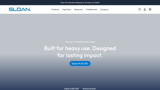 Sloan website promoting FLITE-DEC integrated sink system with tagline and explore button