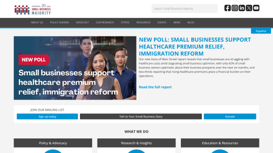 Small Business Majority homepage with new poll on healthcare premium relief and immigration reform, plus navigation and call to action buttons