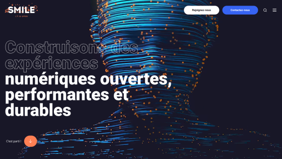 Website hero with headline about building open, high-performance, and sustainable digital experiences and a stylized digital human figure