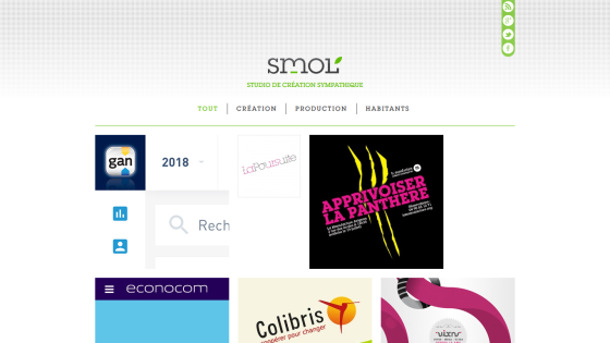 Homepage of SMOL featuring a logo, search bar, and various design projects.