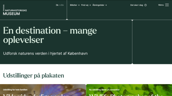 Statens Naturhistoriske Museum homepage with navigation links and headline about exploring nature in Copenhagen