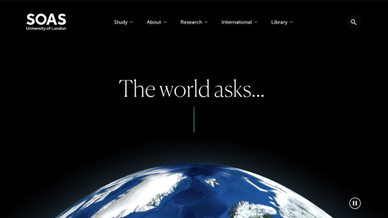 Homepage of SOAS University of London featuring the text 'The world asks...' over a globe image.
