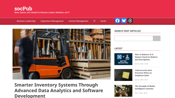 SocPub homepage featuring business leadership news with a hero article on smarter inventory systems and latest articles on AI recruiting and cybersecurity
