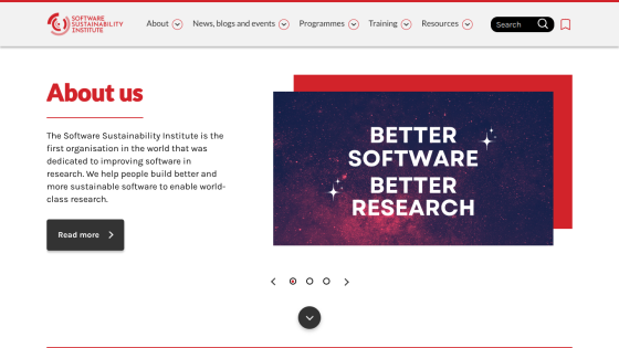 Software Sustainability Institute about us section with mission statement and slogan 'Better Software Better Research'