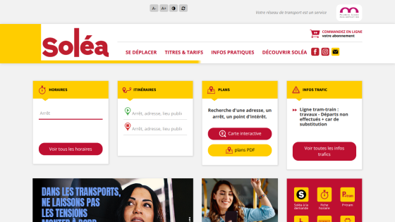 Soléa public transport site with navigation, schedule search, routes, maps, and traffic info sections