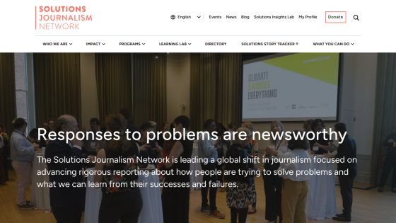 Solutions Journalism Network homepage highlighting newsworthy responses to problems and advancing rigorous reporting.