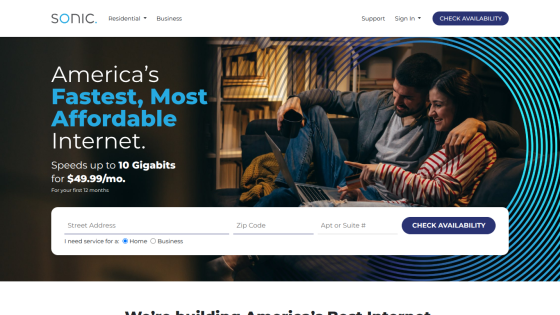 Promotional banner for Sonic internet service highlighting speed and affordability.