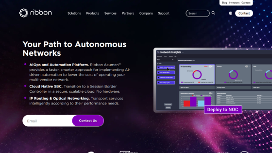 Ribbon's platform for autonomous networks with a call to action and key features listed.
