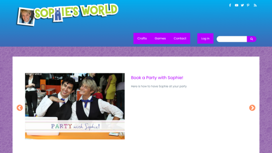 Homepage for Sophie's World promoting party booking services.