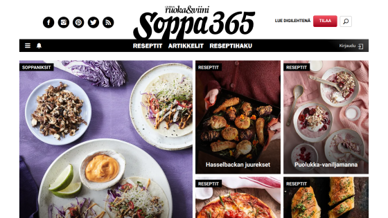 Soppa365 recipe website with navigation and featured recipes including Hasselbackan juurekset and Puolukka-vaniljamanna