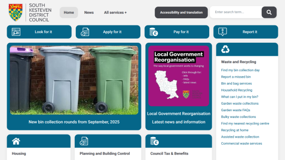South Kesteven District Council homepage with navigation, bin collection update, local government news, and waste recycling links.