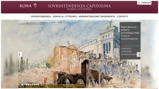 Roma Sovrintendenza Capitolina ai Beni Culturali website with navigation and featured exhibition about Maria Barosso, artist and archeologist