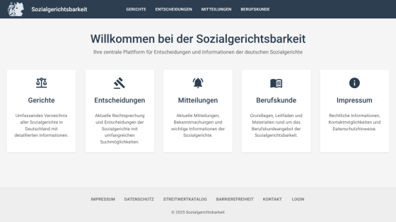 Homepage of Sozialgerichtsbarkeit with navigation and sections for courts, decisions, announcements, professional knowledge, and imprint