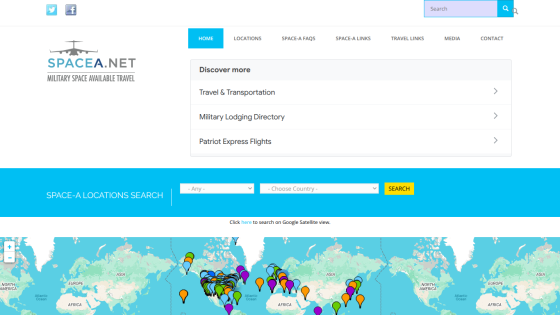 Homepage of SpaceA.net featuring a world map and navigation options.
