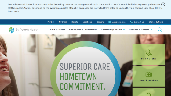 St. Peter's Health homepage with navigation links and hero message 'Superior Care, Hometown Commitment' plus options to find a doctor and search services.