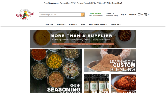 Spices Inc homepage with navigation, search bar, and sections promoting specialty blends, custom blending, and seasoning products