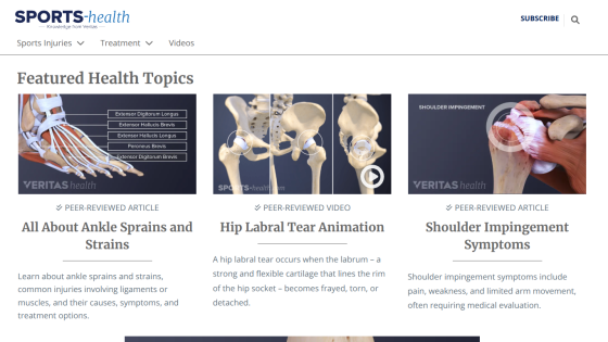 Featured health topics on ankle sprains, hip labral tear animation, and shoulder impingement symptoms with peer-reviewed articles and video