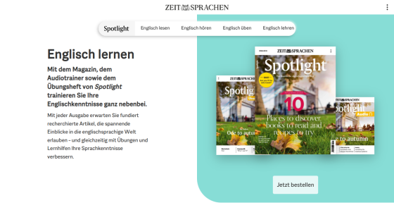 ZEIT SPRACHEN Spotlight magazine page offering English learning with magazine, audio trainer, and exercises, featuring cover images and order button