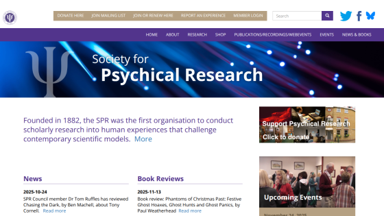 Society for Psychical Research homepage with navigation, intro text, news, book reviews, and upcoming events