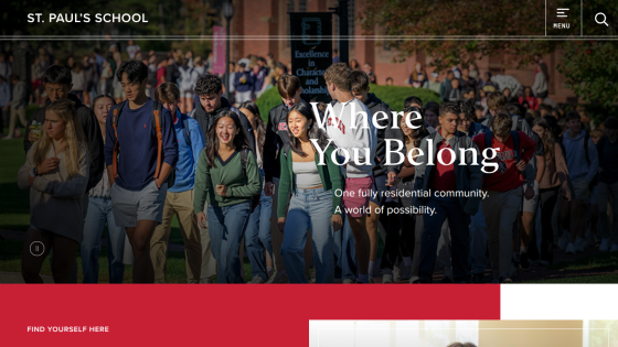 St. Paul's School homepage with headline 'Where You Belong' and a group of students walking outdoors