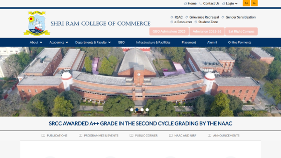 Shri Ram College of Commerce website with navigation, admission buttons, and aerial view of college building