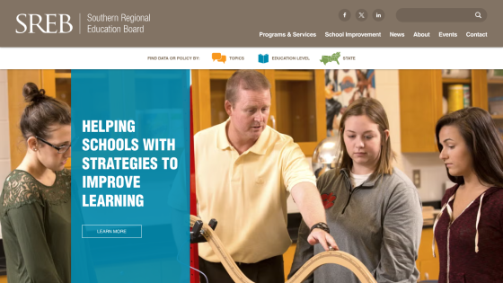 Southern Regional Education Board homepage with navigation and a hero section about helping schools improve learning