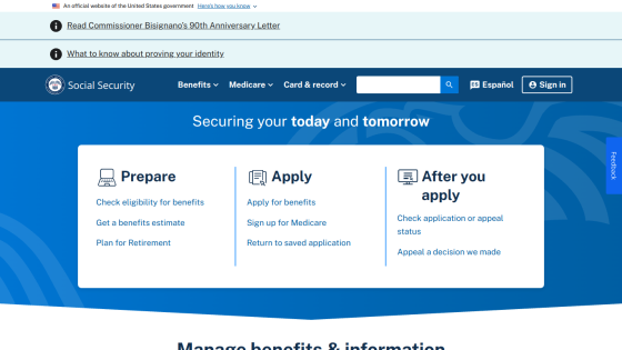 Social Security website homepage with sections for preparing, applying, and post-application information.