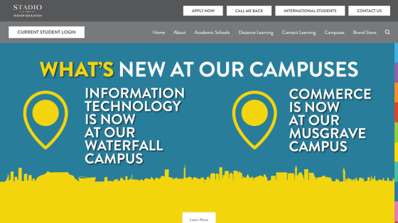 Stadio Higher Education website highlights new Information Technology at Waterfall Campus and Commerce at Musgrave Campus with navigation and call-to-action buttons.