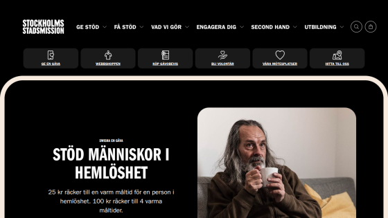 Stockholms Stadsmission homepage encouraging donations to support homeless people with meals, featuring a man holding a cup