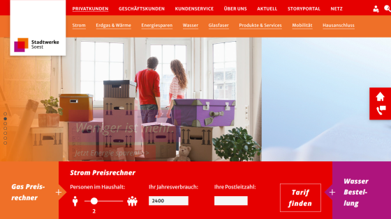 Energy provider website with navigation, a couple looking out window among boxes, and a household energy price calculator