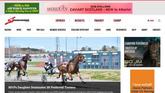 Horse racing website featuring news, entries, and results with a prominent image of a race.