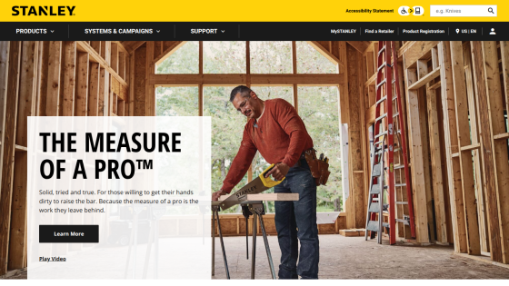 Stanley homepage featuring a man using a measuring tape with the slogan 'THE MEASURE OF A PRO™'.
