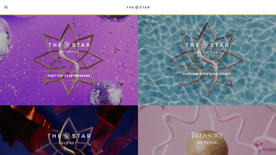Homepage featuring four vibrant sections with logos and backgrounds in purple and blue hues.