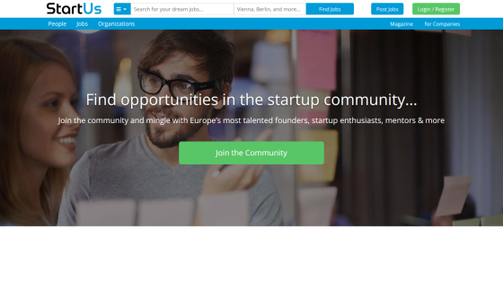 Homepage promoting opportunities in the startup community with a call to action to join.